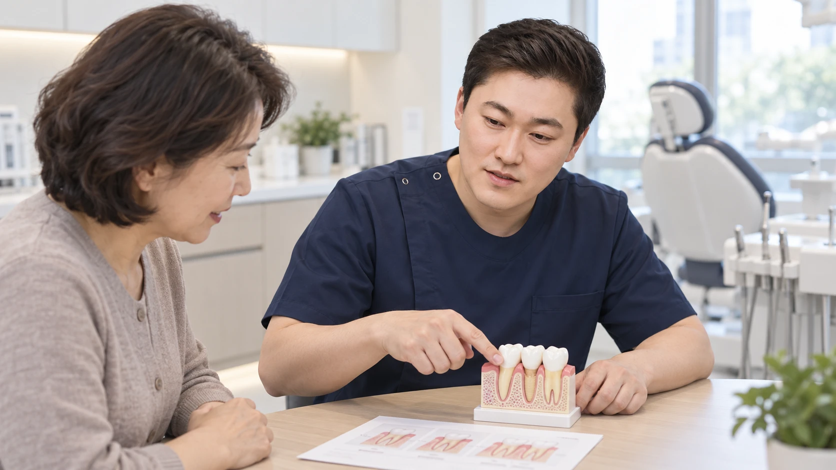 치아와 잇몸 모형으로 치주치료를 설명하는 상담 장면
