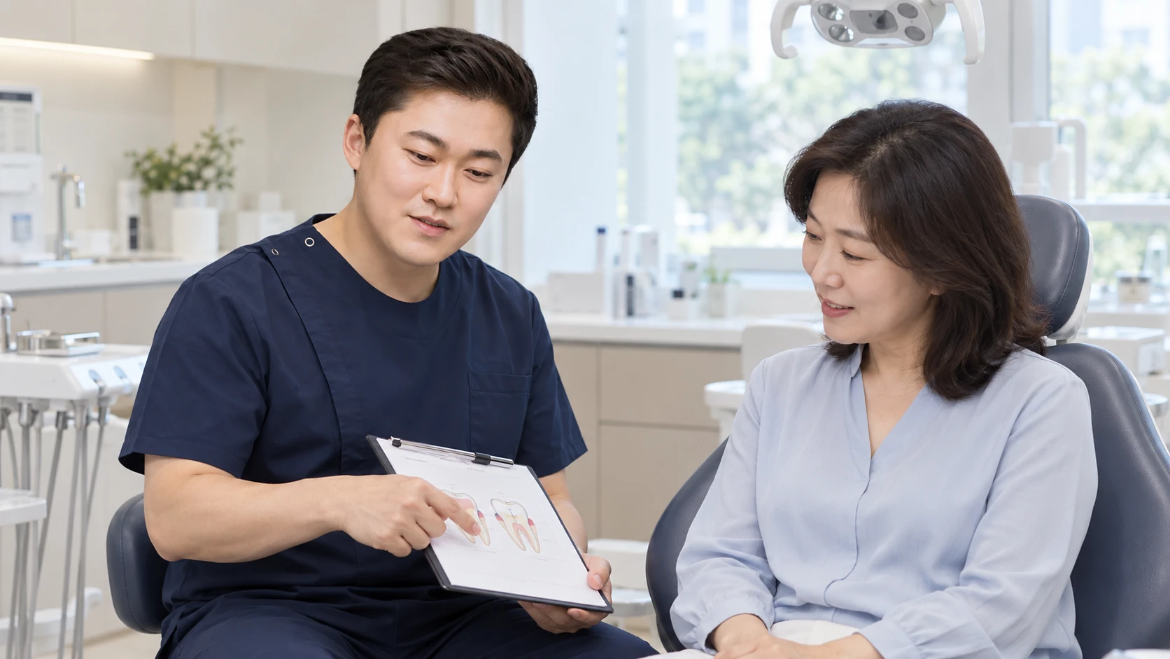 치아 단면 그림으로 충치 치료를 설명하는 상담 장면