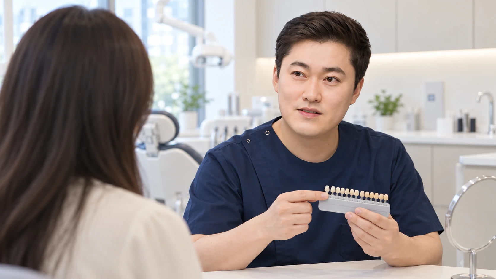 치아 색상표를 보며 심미 수복의 색조를 고르는 상담 장면