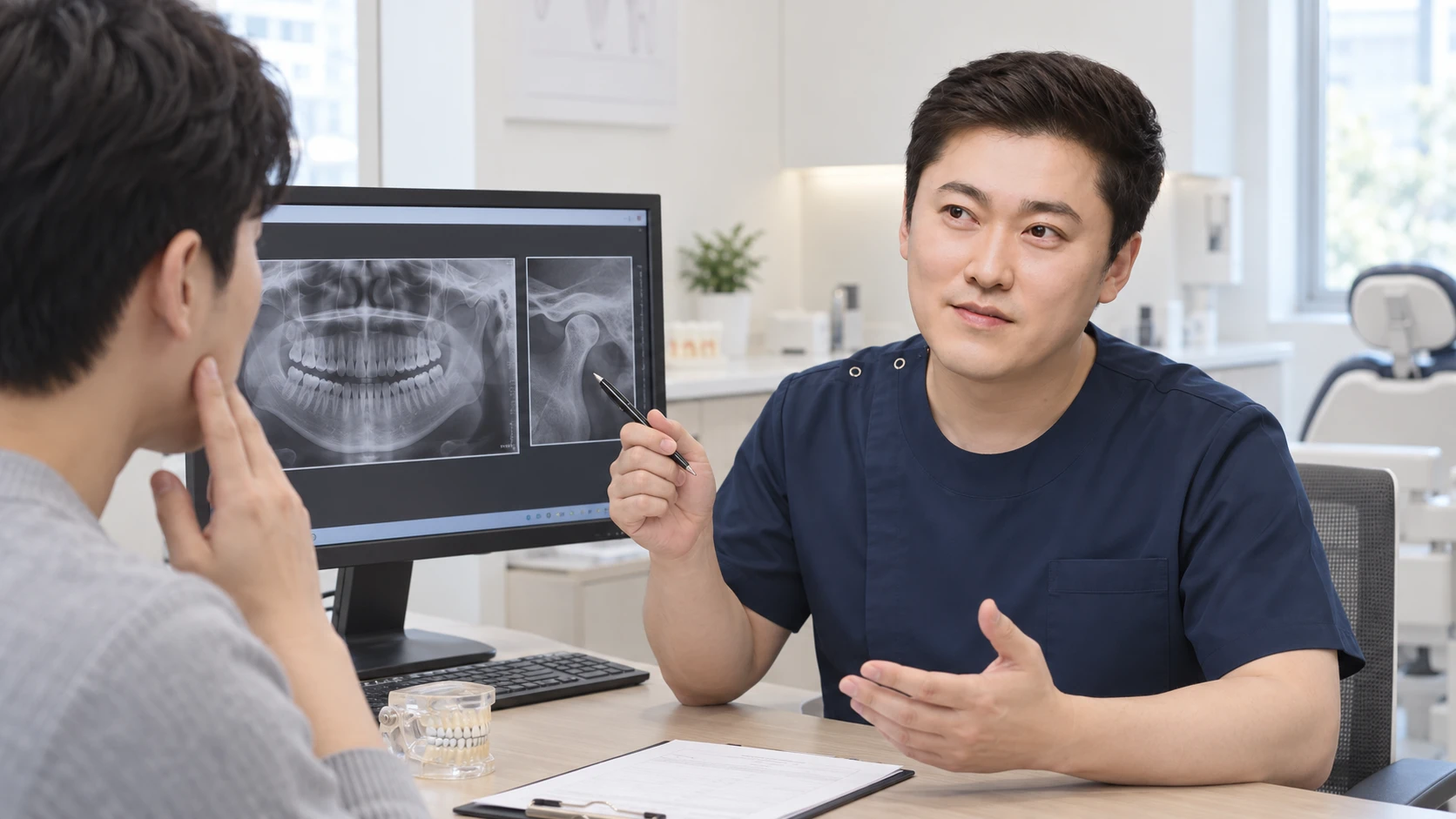 턱관절 영상과 불편한 부위를 함께 확인하는 상담 장면