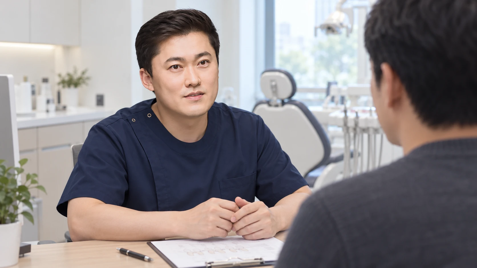 문진 내용을 바탕으로 구강 관리법을 안내하는 상담 장면