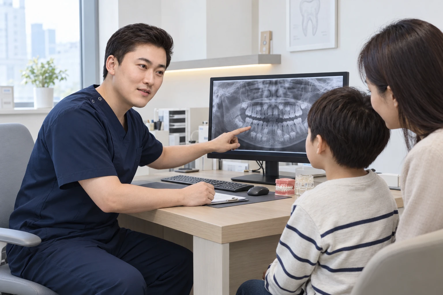 아이와 보호자에게 치아 발달 영상을 설명하는 상담 장면